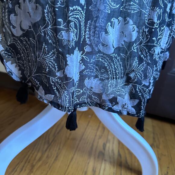 BANJANAN | Black Floral Smocked Bodice Curved Hem Tassle Dress | Sz XS - Picture 4 of 8